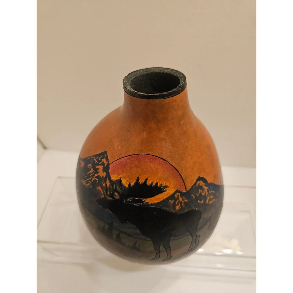 Stone Heat Studios Hand Painted‎ Gourd Art Moose Mountain Sunset Rustic Decor